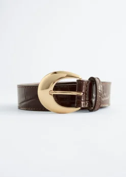 Croco Effect Buckle Leather Belt