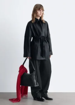 Tie-Belt Leather Coat